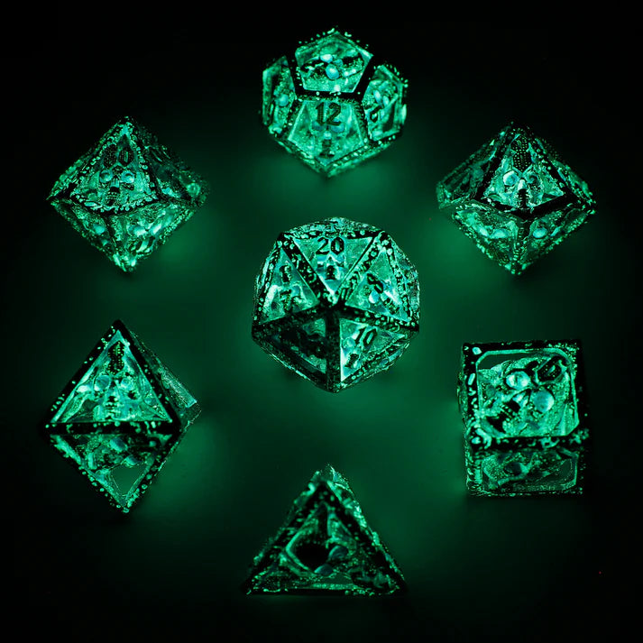 Hollow Metal RPG Dice Set: Skull's Grin - Glow in the Dark Blue