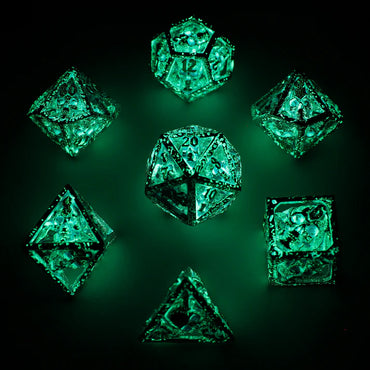 Hollow Metal RPG Dice Set: Skull's Grin - Glow in the Dark Blue