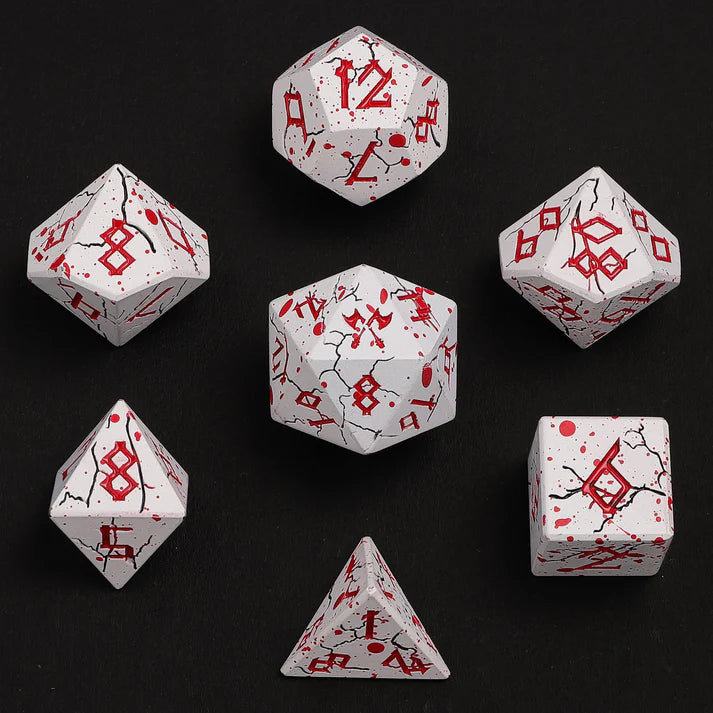 Metal RPG Dice Set: Barbarian - Matt White/Blood Red