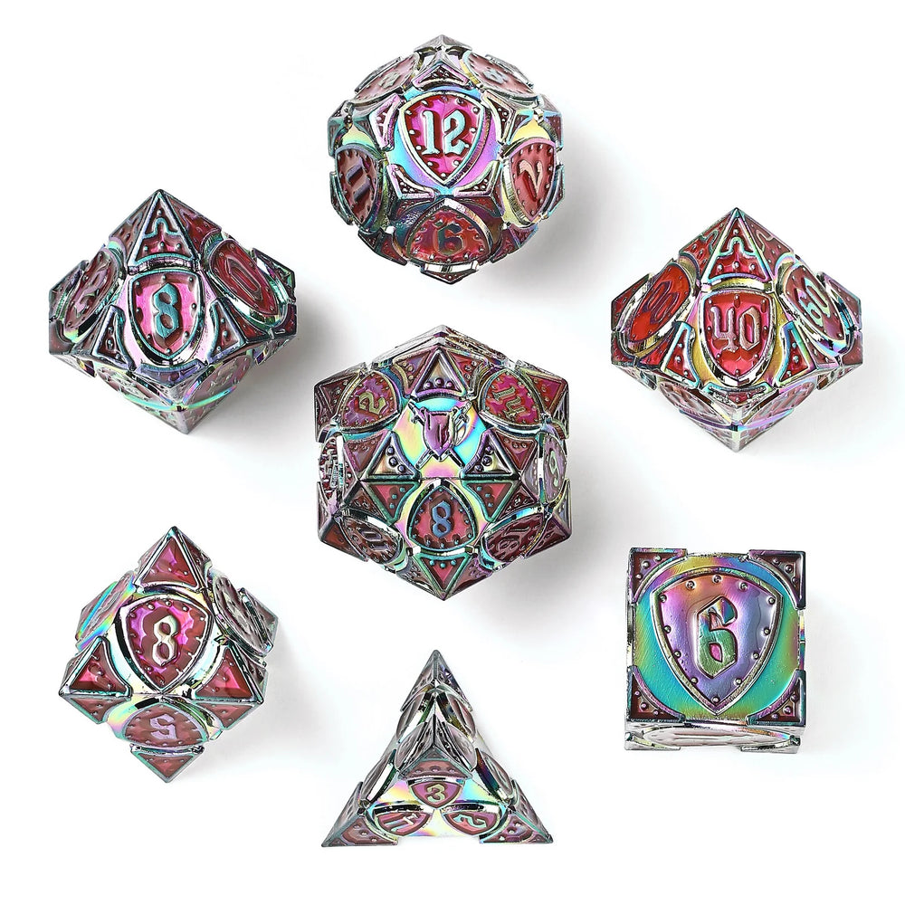 Metal RPG Dice Set: Fighter - Rainbow/UV-Reactive Pink
