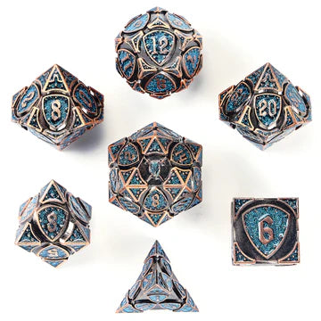 Metal RPG Dice Set: Ancient Copper/Blue Glitters