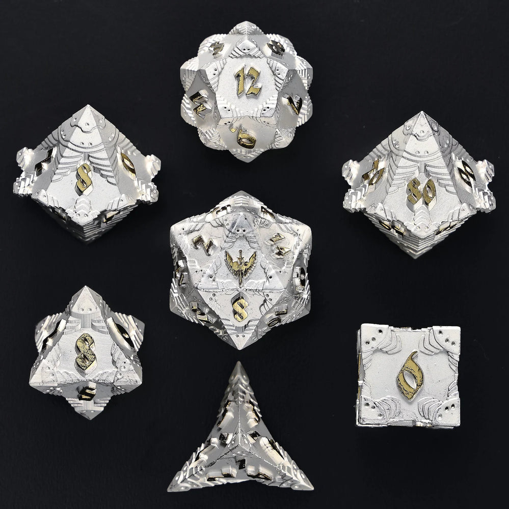 HY00464 Solid Metal Paladin Class RPG Dice Set - Matt Silver w/Gold