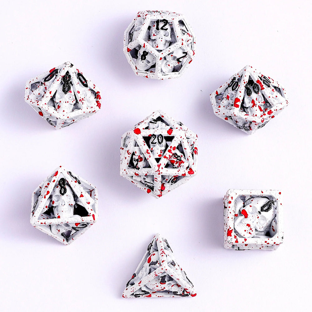 Hollow Metal RPG Dice Set: Skull's Grin - White/Blood Splatters