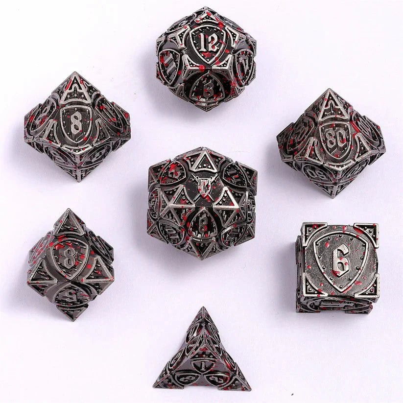 Metal RPG Dice Set: Fighter - Ancient Silver/Blood Splatters