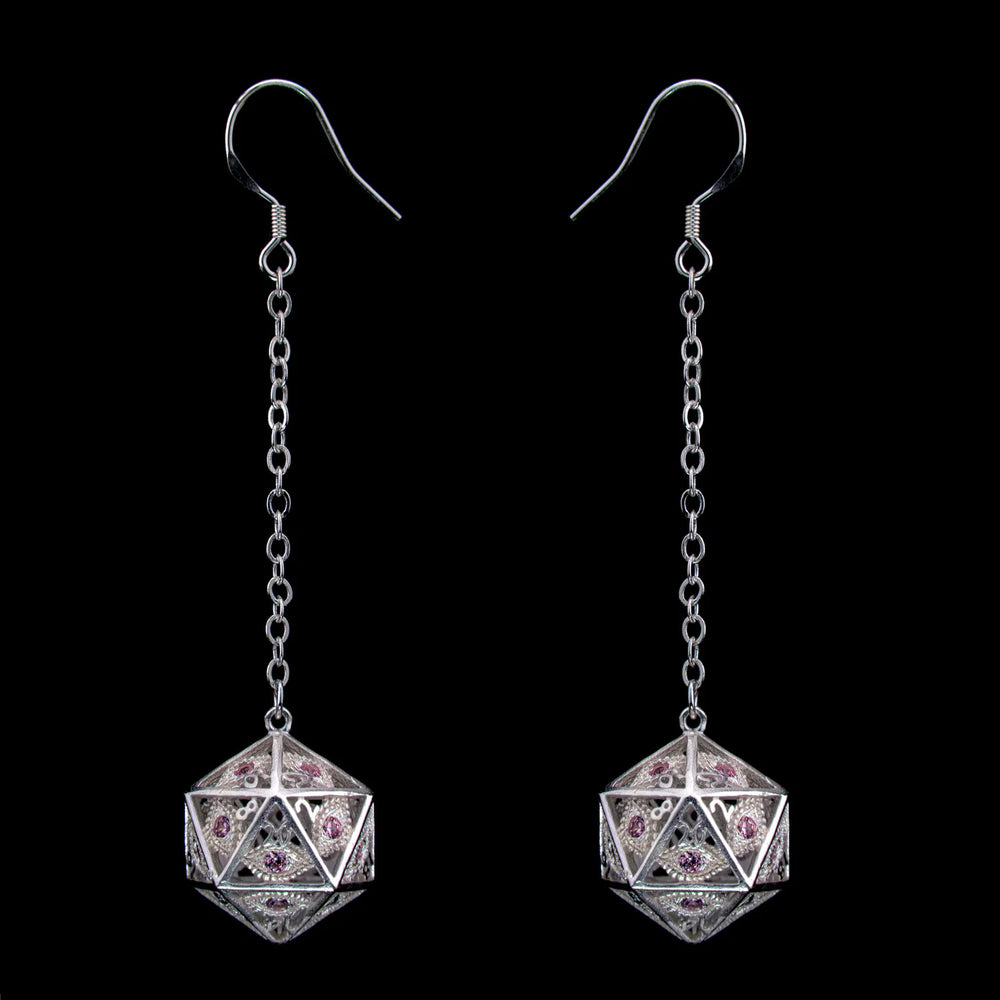 Dragon's Eye D20 Dice Earrings: Silver with Pink Gems