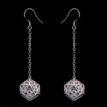 Dragon's Eye D20 Dice Earrings: Silver with Pink Gems