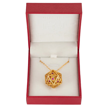 Dragon's Eye D20 Dice Necklace: Gold w/Ruby Red