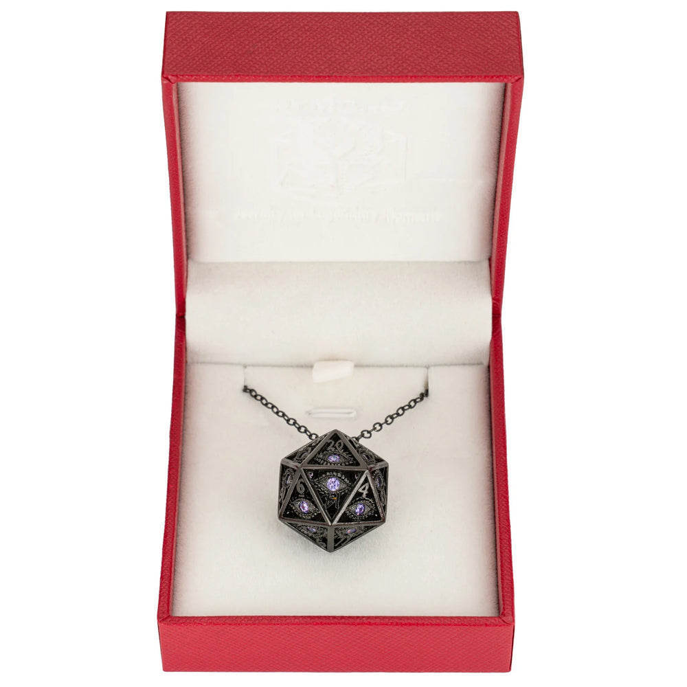 Dragon's Eye D20 Dice Necklace: Gunmetal w/ Purple Gems