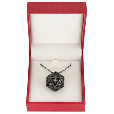 Dragon's Eye D20 Dice Necklace: Gunmetal w/ Purple Gems