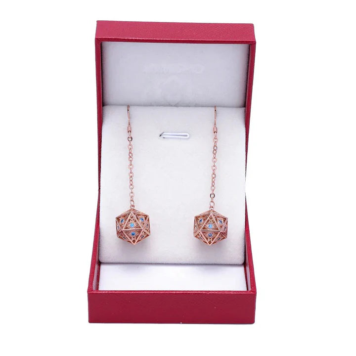 Dragon's Eye D20 Earrings - Rose Gold w/Blue Gems