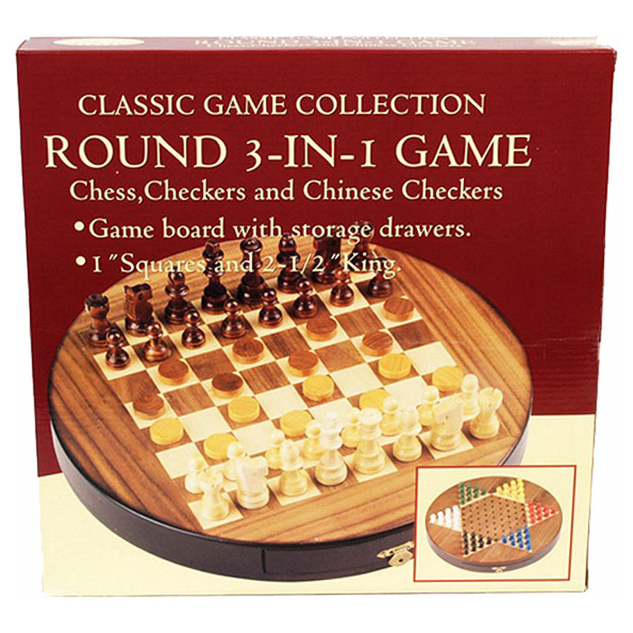 Walnut Round 3-in-1 Set: Chess/Checkers/Chinese Checkers