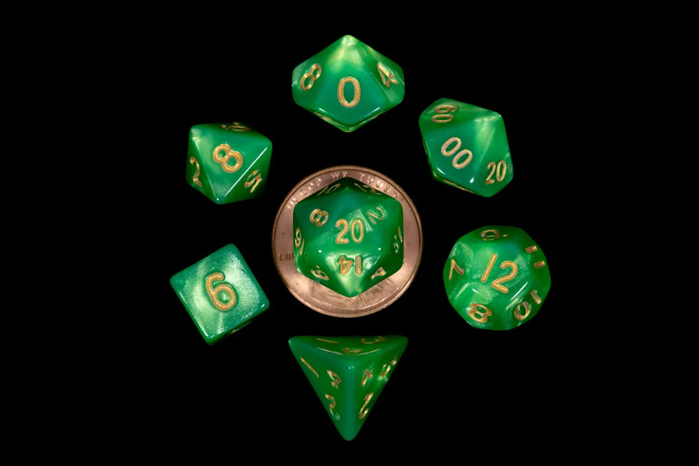 Mini Polyhedral Dice Set: Green/Light Green w/ Gold Numbers