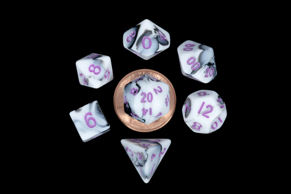 Mini Polyhedral Dice Set: Marble with Purple Numbers