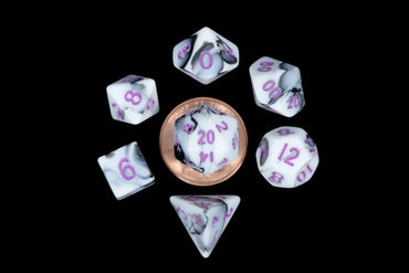Mini Polyhedral Dice Set: Marble with Purple Numbers