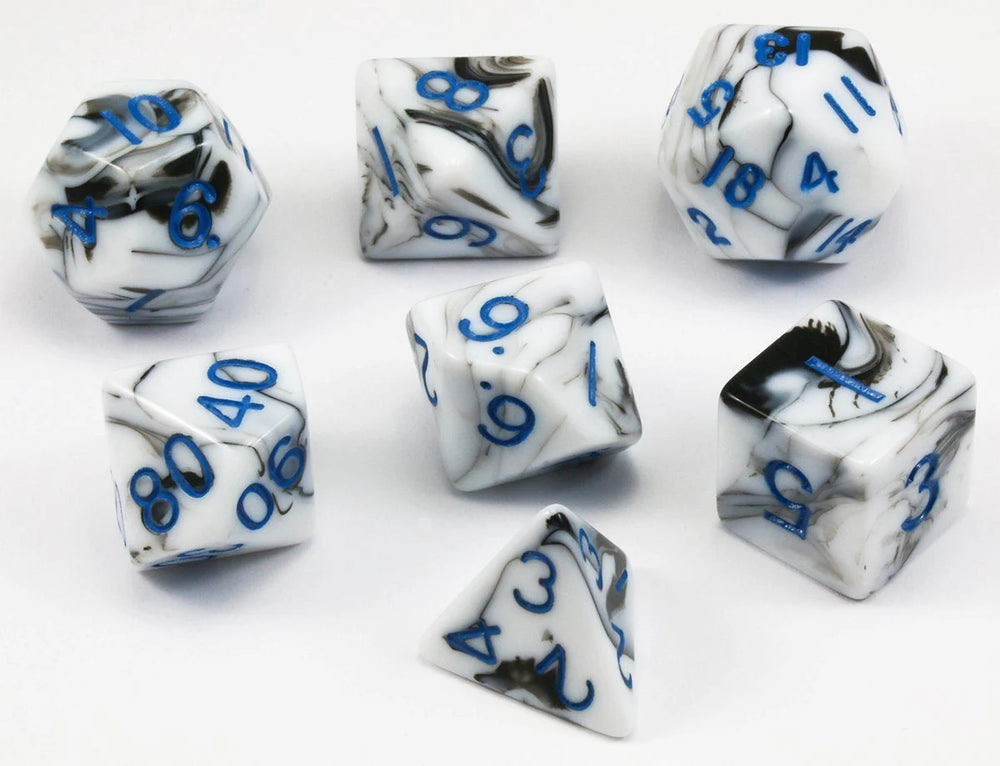 Mini Polyhedral Dice Set: Marble w/ Blue Numbers