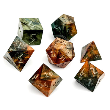 RPG Dice Set: Wooden Dice - Orange & Green Striped Wood