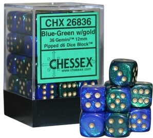 12mm D6 Brick: Gemini - Blue-Green/Gold (36)