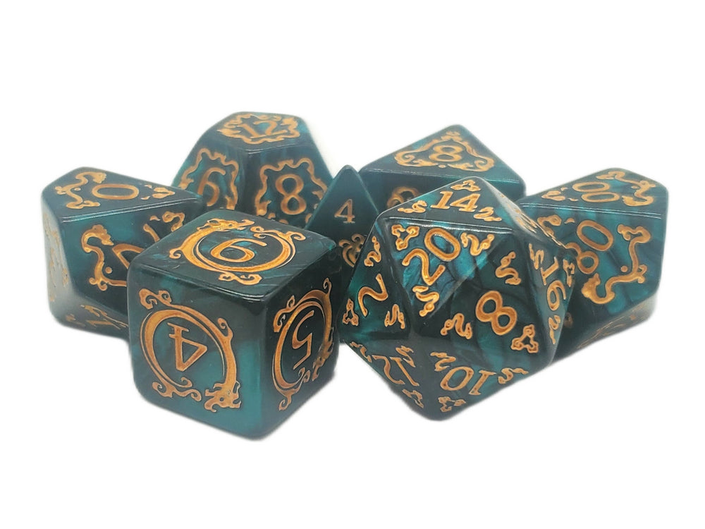RPG Dice Set: Coiled Serpent - Green/Gold