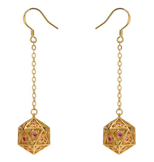 Dragon's Eye D20 Earrings: Gold with Red Gems