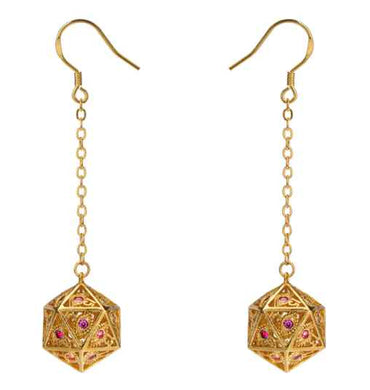 Dragon's Eye D20 Earrings: Gold with Red Gems