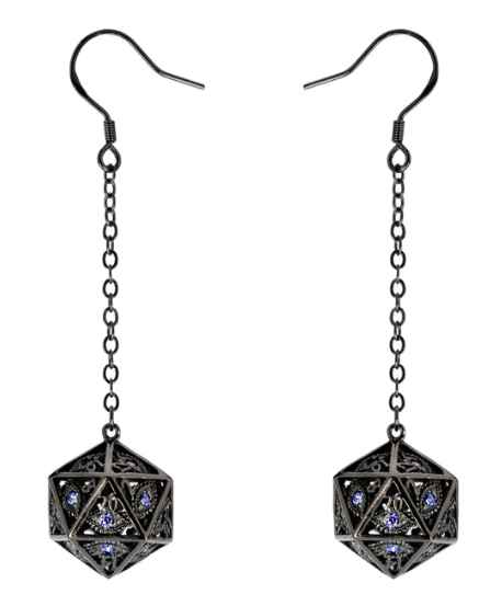 Dragon's Eye D20 Earrings: Gunmetal with Purple Gems