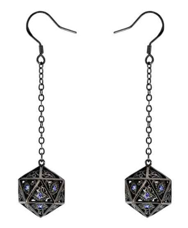 Dragon's Eye D20 Earrings: Gunmetal with Purple Gems