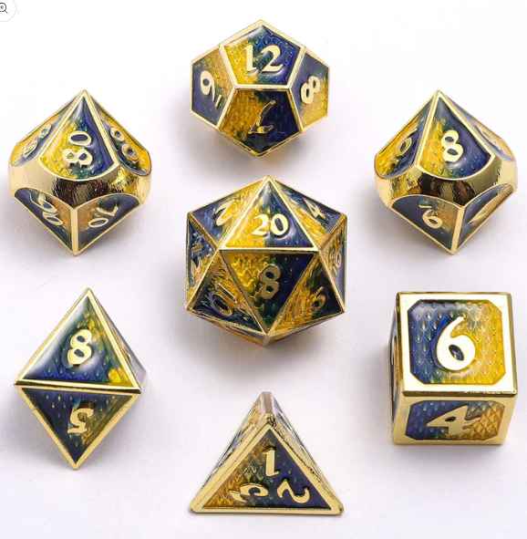 Mini Behemoth Metal RPG Dice Set: Gold Yellow & Blue