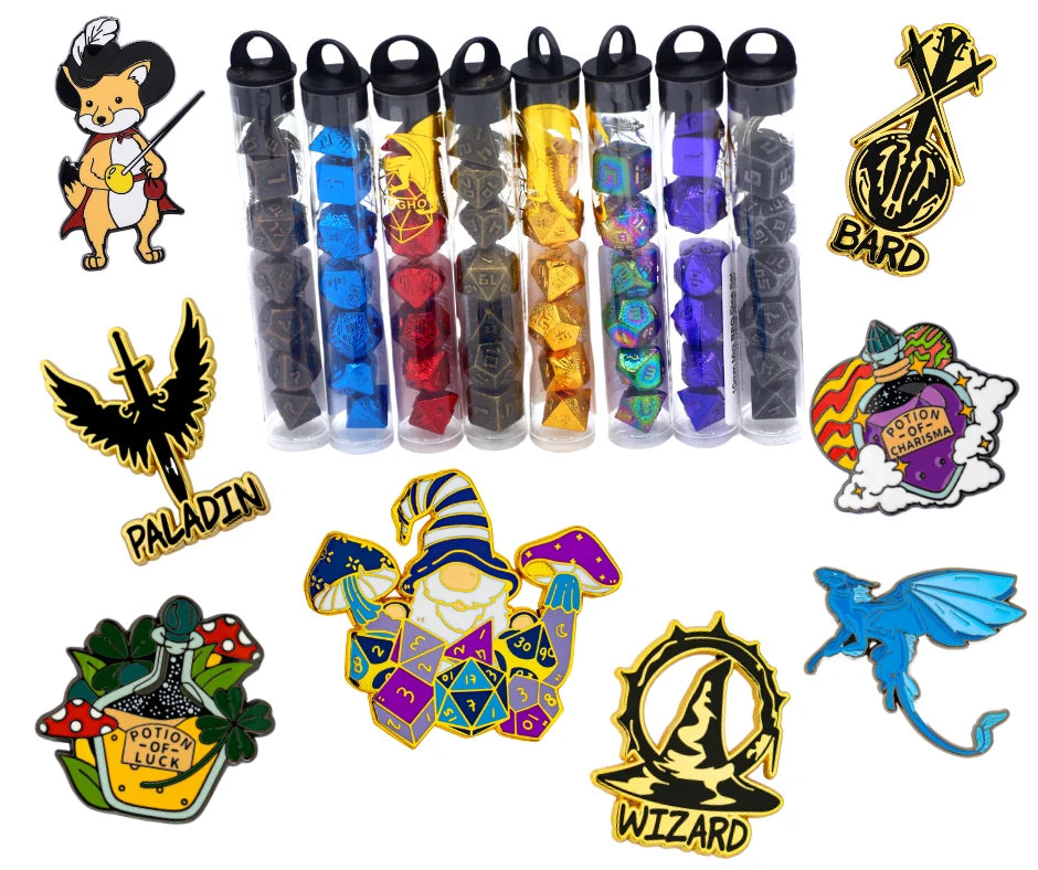 Tiny Treasures Mini Mystery Dice Set and 1 Enamel Pin
