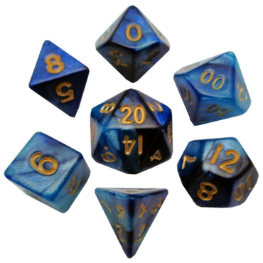 Mini Polyhedral Dice Set: Dark Blue/Light Blue with Gold Numbers