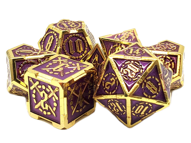 Old School 7 Piece DnD RPG Metal Dice Set: Knights of the Round Table - Purple w/ Gold