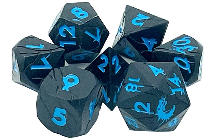 Metal RPG Dice Set: Orc Forged - Matte Black/Blue