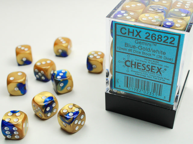12mm D6 Brick: Gemini - Blue-Gold/White (36)