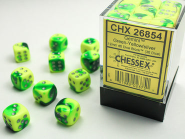 12mm D6 Brick: Gemini - Green-Yellow/ Silver (36)