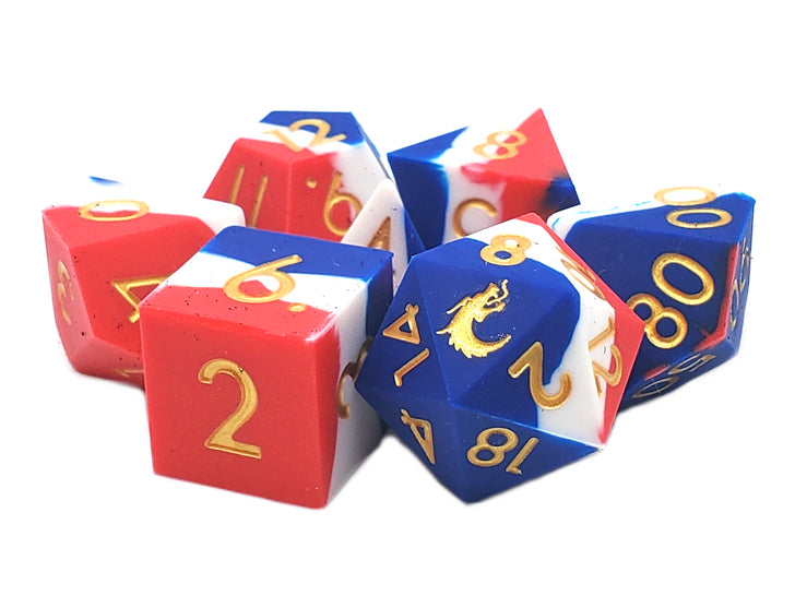 Silicone 7-Piece Dice Set - Red, White & Blue w/ Gold