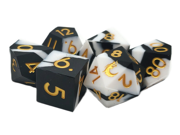 Silicone 7-Piece Dice Set - Black & White w/ Gold