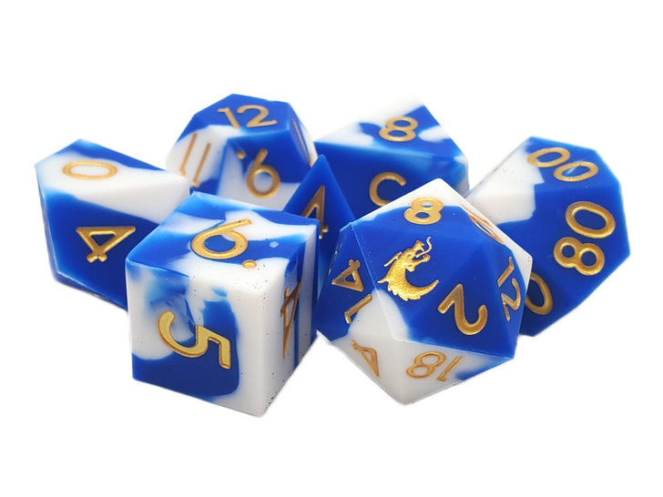 Silicone 7-Piece Dice Set - Blue & White w/ Gold