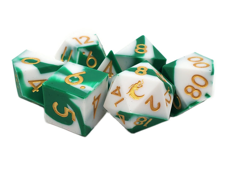 Silicone 7-Piece Dice Set - Green & White w/ Gold