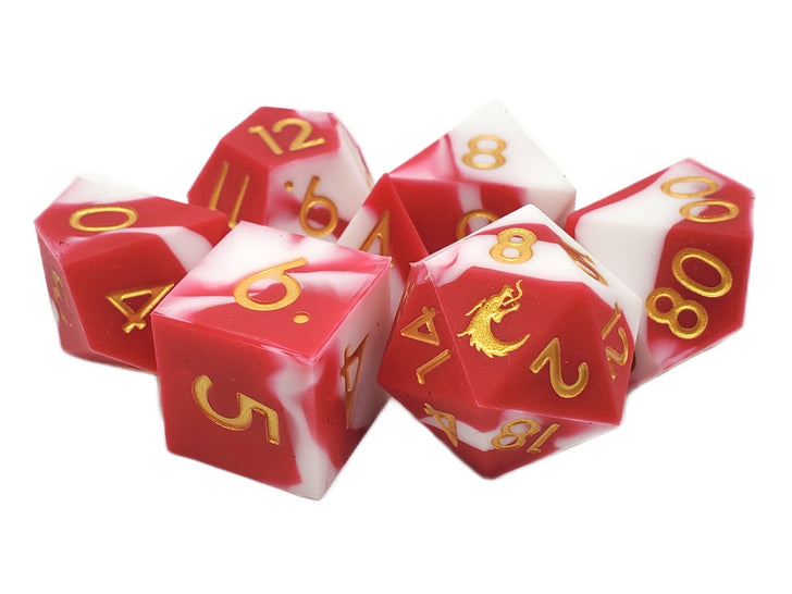Silicone 7-Piece Dice Set - Red & White w/ Gold