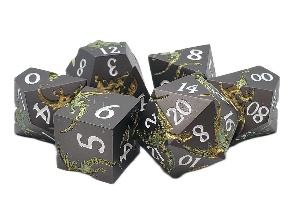 Metal RPG Dice Set: Soaring Dragon - Matte Black/Gold