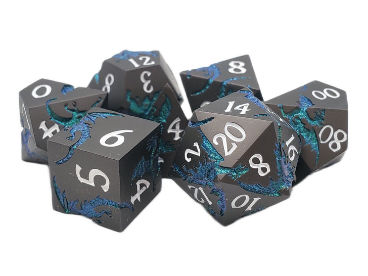 Metal RPG Dice Set: Soaring Dragon - Matte Black/Green