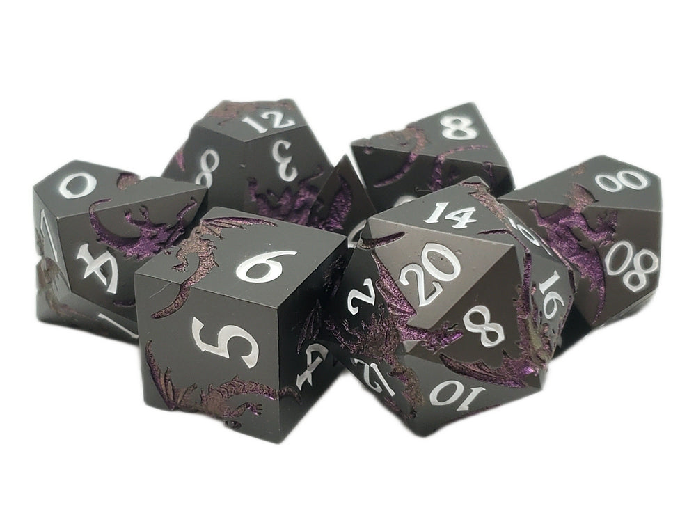 Metal RPG Dice Set: Soaring Dragon - Matte Black/Purple