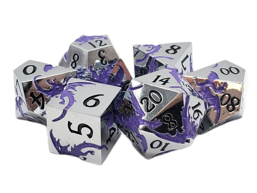 Metal RPG Dice Set: Soaring Dragon - Silver/Purple