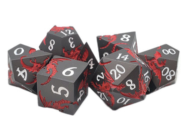 Metal RPG Dice Set: Soaring Dragon - Matte Black/Red