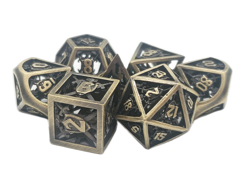 Old School Dice: Hollow Metal 7-Piece Set - Sword & Shield - Brushed Gold