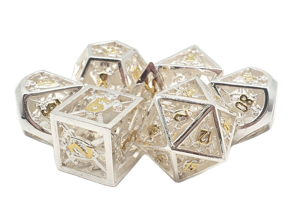 Old School Dice: Hollow Metal 7-Piece Set - Sword & Shield - Silver w/ Gold