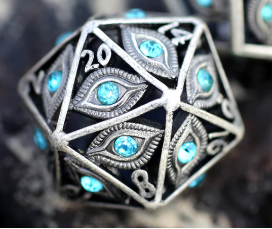 Dragon's Eye Hollow Metal D20: Ancient Silver/Blue Gems