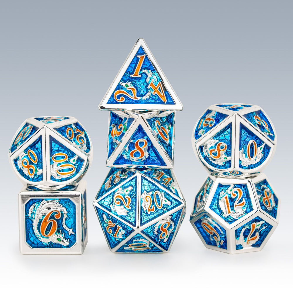 Metal Dragon Dice: Silver and Blue with Orange Font