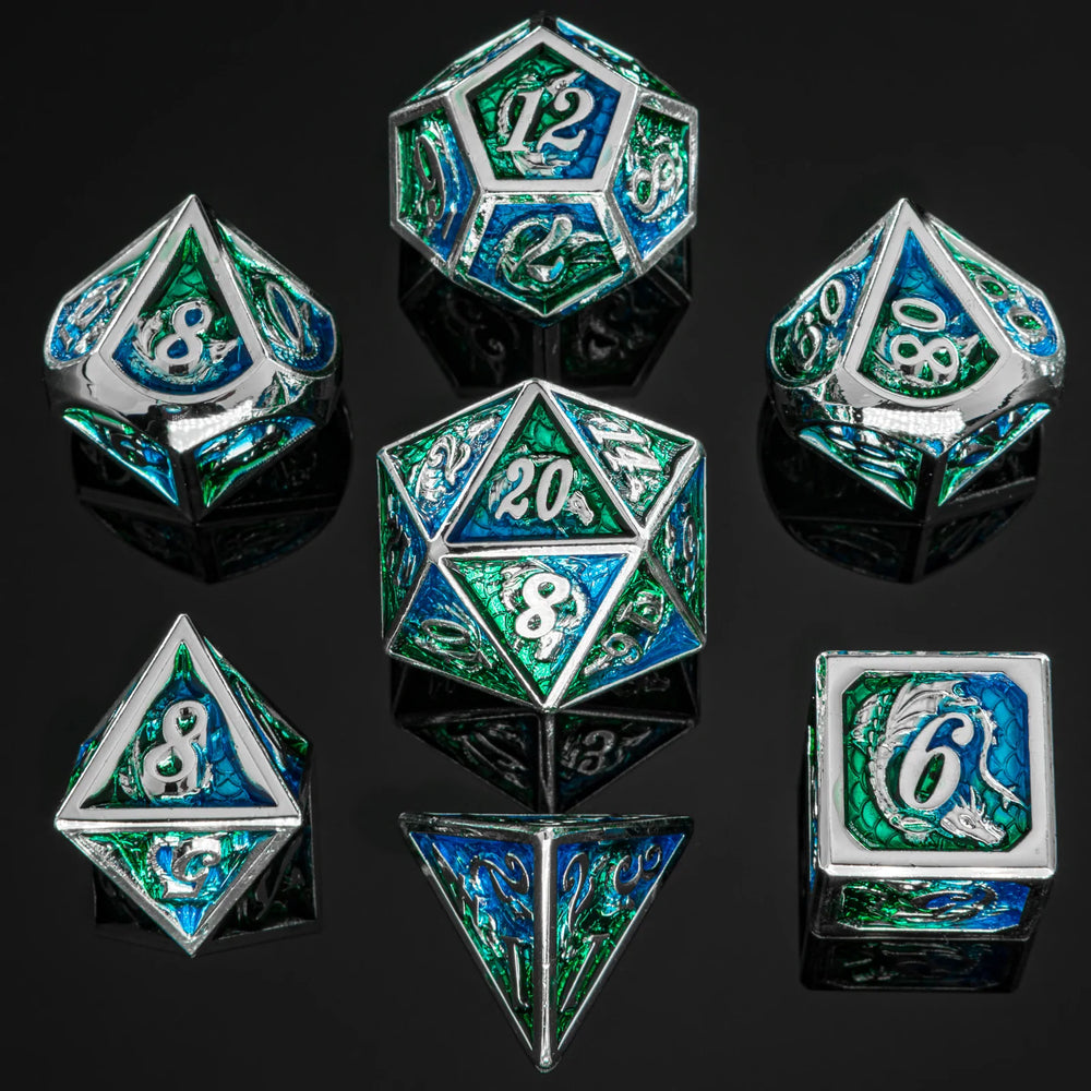 Metal Dragon Dice: Silver and Green/Blue