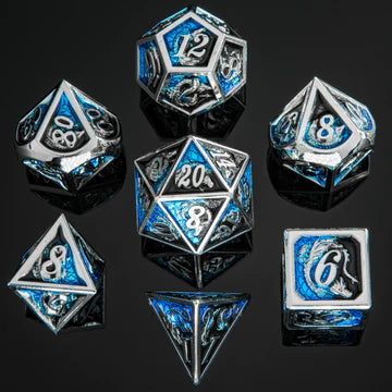 Metal RPG Dice Set: Dragon - Silver/Black/Blue