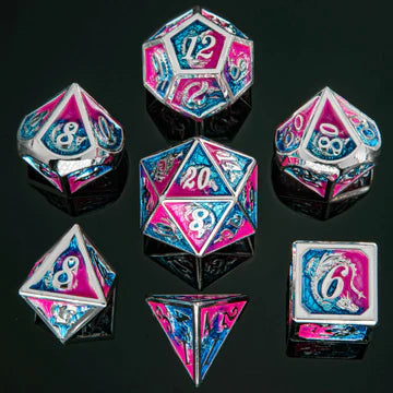 Metal RPG Dice Set: Dragon - Silver/Pink/Blue